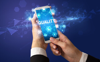 Hand using smartphone with technology concept