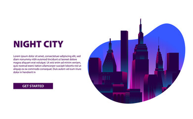 Obraz premium Landing page banner glow neon color city night illustration with skyscraper building