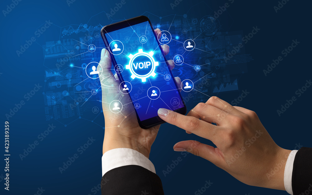 Poster hand using smartphone with technology concept
