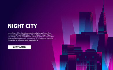 Fototapeta premium Landing page banner glow neon color city night illustration with skyscraper building