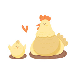 Funny chicken with chicks. The graphic illustration is isolated on a white background. Pets for printing postcards, fabrics, textiles, children's assignments