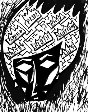 Black and white photo of a imaginary character with bibles seven deadly sins written with hand draw font