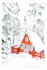 Red cottage in winter forest. Watercolor drawing