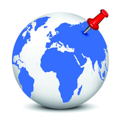 Red thumbtack on blue globe. Isolated 3D image