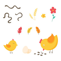 Set of funny vector chickens, eggs, feathers and worms. The graphic illustration is isolated on a white background. Poultry for printing postcards, fabrics, textiles, children's assignments