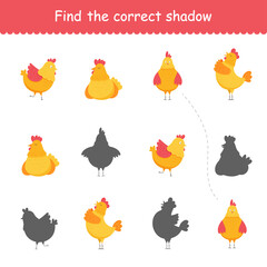 Cute vector chicken, cartoon animal. Graphic illustration on a white background. Set of domestic cartoon animals for print, children development, find the right shadow