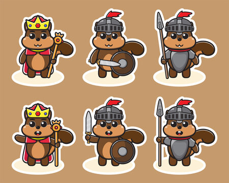 Vector illustration of cute Squirrel King and  Knight cartoon. Cute Squirrel expression character design bundle. Good for icon, logo, label, sticker, clipart.