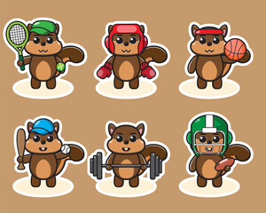 Fototapeta premium Vector illustration of cute Squirrel Sport cartoon. Cute Squirrel expression character design bundle. Good for icon, logo, label, sticker, clipart.