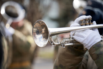 musicians of the military brass band plays the musical instruments