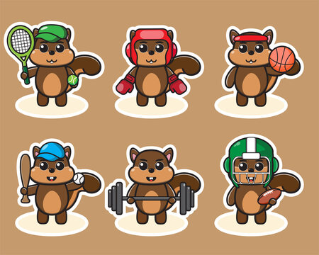 Vector illustration of cute Squirrel Sport cartoon. Cute Squirrel expression character design bundle. Good for icon, logo, label, sticker, clipart.