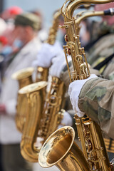 musicians of the military brass band plays the musical instruments