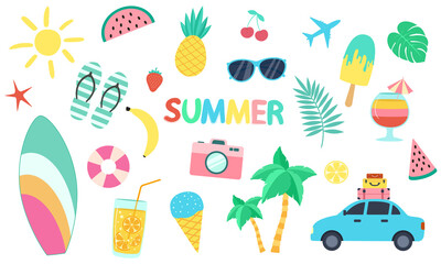 Vector set of summer sticker icons. The illustration is isolated on a white background. Flat style travel and vacation elements collection
