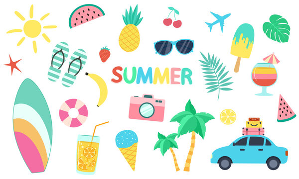 Vector set of summer sticker icons. The illustration is isolated on a white background. Flat style travel and vacation elements collection
