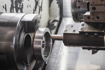 Obraz na płótnie Canvas A milling cutter in a CNC machine cuts a metal workpiece that rotates at high speed