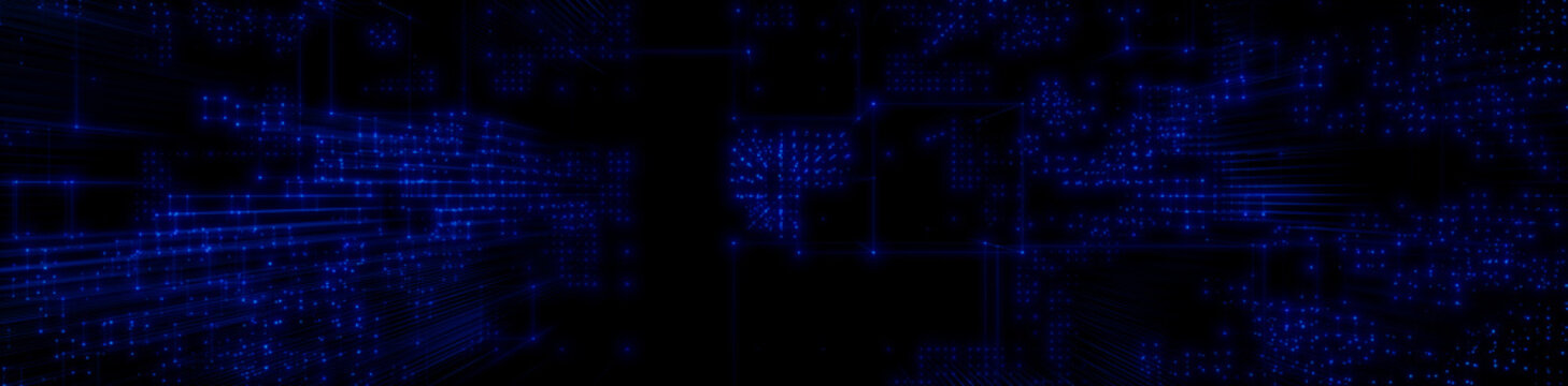 Futuristic, Blue Digital Grid background. Network Tech Wallpaper Banner. 3D Render 