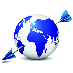 Blue globe pierced with an arrow isolated