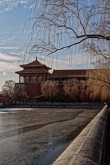 Beijing Forbidden City view from outside in winter with frozen water