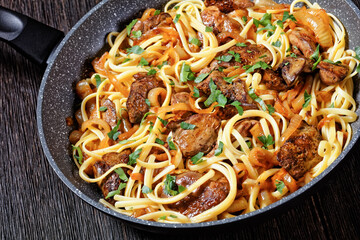 pasta linguine with fried chicken liver, top view