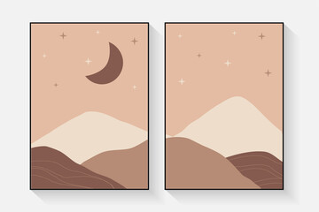 Modern minimalist mid century art print Abstract wall backgrounds landscapes with mountains, moon, vector illustration