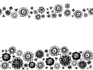 Horizontal borders, simple black-white flowers on white background. Hand drawn with marker. Stylish ornament border, Scandinavian style.