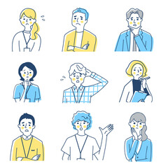 ビジネスパーソン男女9人　困った表情　バストアップ　セット