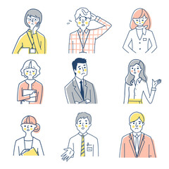 ビジネスパーソン男女9人　困った表情　バストアップ　セット