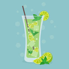 Mojito Cocktail on blue background. Vector illustration.