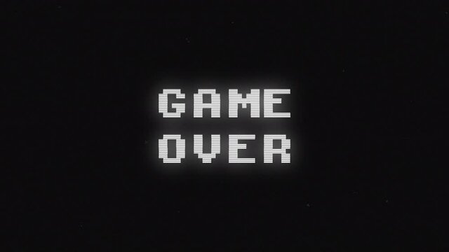Game Over Looped Glitch Text Animation. Render of Retro Style Noise Distortion. Creative Gamer template. Poster Layout. Console Games, screen overlay. Isolated on Black Background.