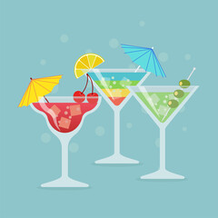 Alcohol cocktails or cold drinks on blue background. Vector illustration.