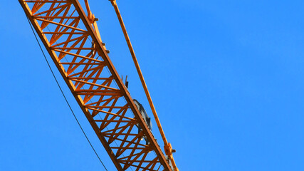 detail of a yellow construction crane on a blue sky. isolated on blue background