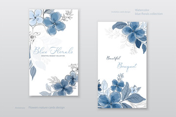 Fototapeta na wymiar Beautiful blue watercolor flowers cards collection