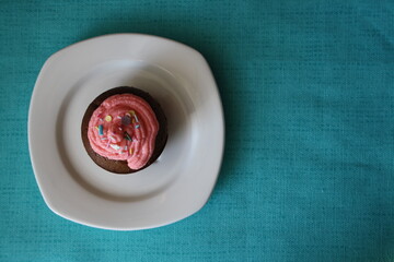 A small shaped cupcake with pink cream and sprinkles on a white plate.