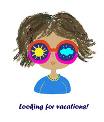 Girl wating for the vacations poster - sunny and happy face. Vector graphic illustration - 423197747