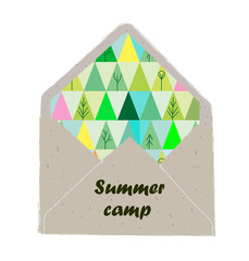 Summer camp invitation with envelope and trees pattern. Vector graphic illustration - 423197770