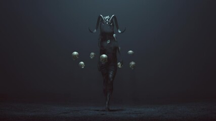 Evil Witch Voodoo Witch Doctor with a Head Dress in a foggy void with Floating Skulls 3d Illustration animation