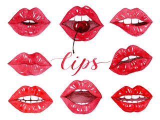 Red and pink glossy lips hand drawn watercolor clip art with drawn word Lips isolated on white