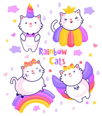 Set of 4 cute kawaii rainbow cats, isolated on white for stickers, cards, labels and tags. Minimal style