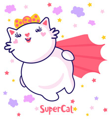 Flat Super Cat, cartoon. Child vector. Happy summer holiday. Perfect for Nursery kids, greeting card, baby shower girl, fabric design.