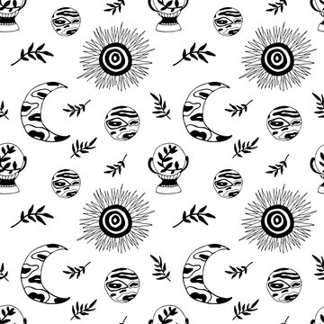 Black outline seamless pattern in modern mystical style. Vector boho illustrations. Hand drawn sun, moons and magic ball.