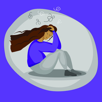 Illustration: a woman is upset, sad, has bad thoughts, and has a headache. The image is made in a vector.