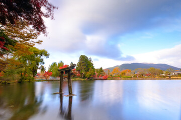 A famous Kirin lake with a shrine in Yufuin town, Oita, Japan