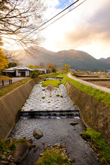 The river in the morning in Yufuin town, Oita, Japan