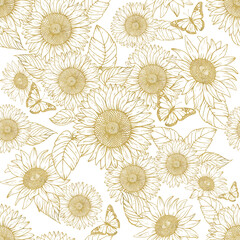 A pattern with a field of sunflowers made with a golden texture in a sketch style on a white background.