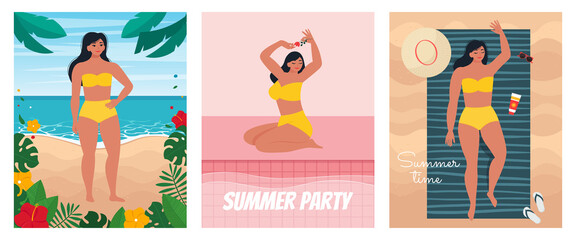 Woman relax at summer background - on beach, pool and sunbathes in the sun. Summer posters set. Vector illustration in retro, flat style