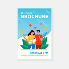 Happy new parents holding baby. Young mom and dad, heart symbol, new born child flat vector illustration. Having baby, parenthood, child care concept for banner, website design or landing web page