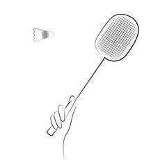 Hand holding badminton racket and flying shuttlecock. Contour hand drawn isolated illustration