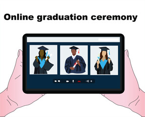 Online graduation ceremony. University courses, online education, exam preparation, education concept.