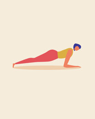 Beautiful woman doing yoga asanas isolated, flat vector stock illustration with plank exercise