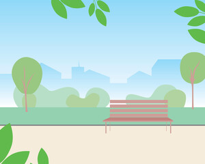 Empty park, backdrop template with place for text, flat vector stock illustration with natural garden with lawn and bench