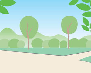 Park and nobody, backdrop template with place for text, flat vector stock illustration with natural garden with lawn and tree